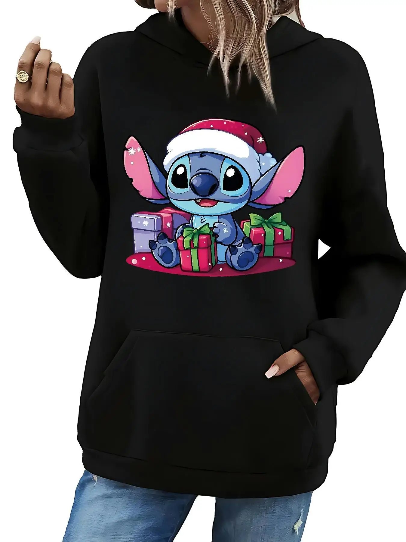 

Женские рождественские толстовки с капюшоном Disney Stitch, уличная одежда большого размера, толстовки унисекс, осенне-зимние флисовые повседневные универсальные