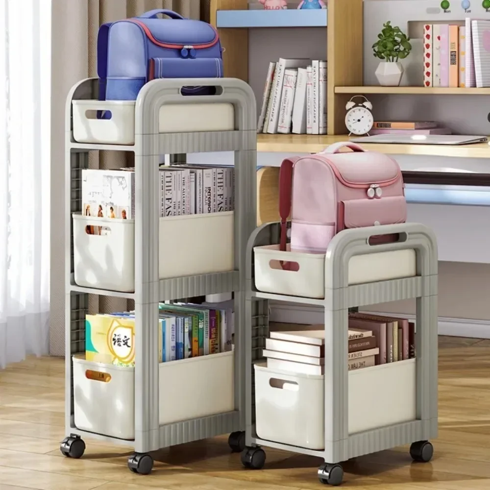 Bookshelf Movable Trolley Multifunctional Student School Bag Trolley 3/4 Tier Gap Storage Rack Floor Mounted Book Organizer