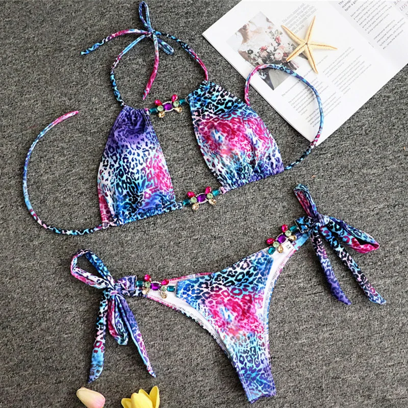 

Halter Leopard Bikinis Diamond Bikini Women Swimsuit Female Swimwear Two Pieces Bikini Set Hollow Out Bathing Suit Swim Lady