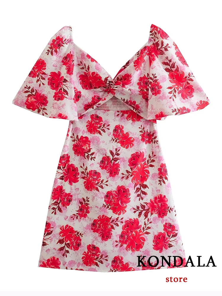 KONDALA Vintage Red Flower Mini Dress Women Short Puff Sleeve Straight Dress Fashion 2023 Spring Holiday Dress Elegant Dress