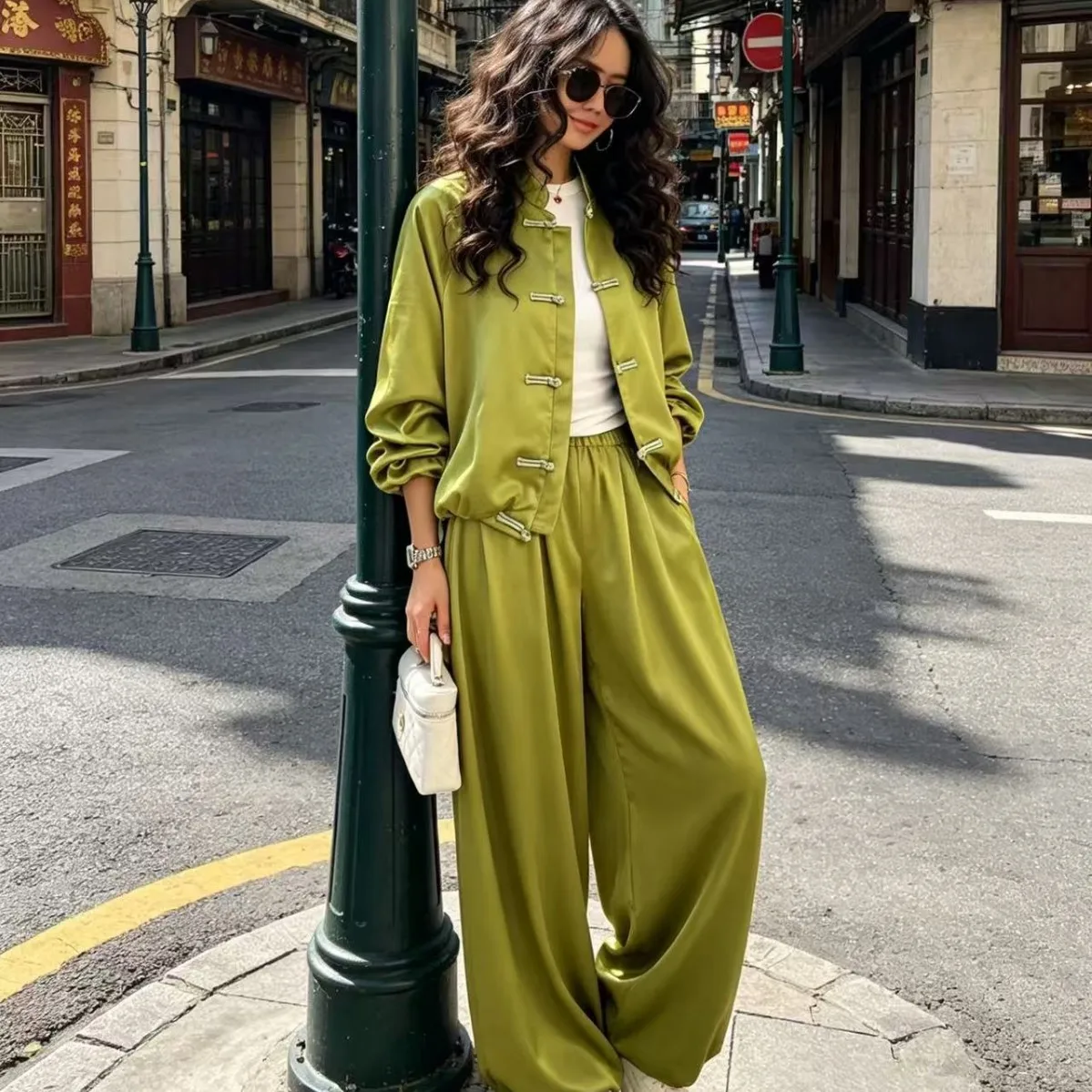 

Casual Coats Pants Sets Women Loose Long Sleeves Single Breasted Elastic Waist Knot Suits Female Solid Set Loungewear Women