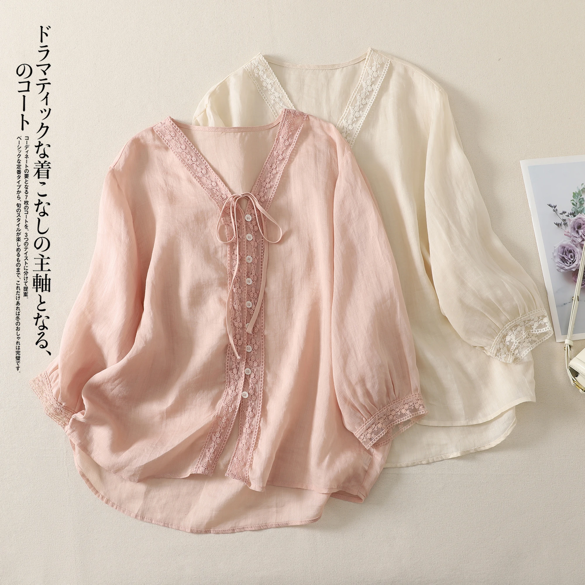 

plus Size Cotton Linen Shirt Women's Fashionable V-Neck Loose Summer New Style Top Comfortable Breathable Artistic Commute Style