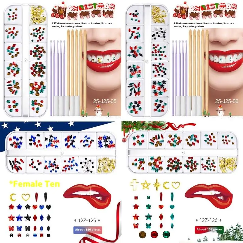 1 Set Kit di gemme per denti Kit di gioielli con cristalli di Natale Decorazione dentale temporanea Kit di gemme per denti per principianti di gioielli per denti