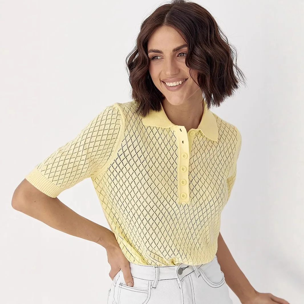 

White POLO collar short sleeved women's 2026 summer new loose and slim fit ice silk T-shirt hollow knitted top