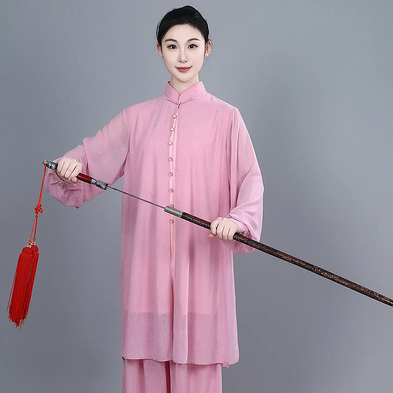 2026 Spring New Chinese Style Tai Chi Suit for Women – Floating Silver Gauze Wushu Uniform, Double-Layer Silk Linen Practice Se