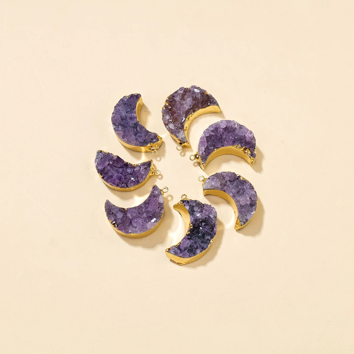 1pc Natural Amethyst Moon Cluster Wrapped Pendant Amethyst Tooth Hole Necklace Holiday Gift