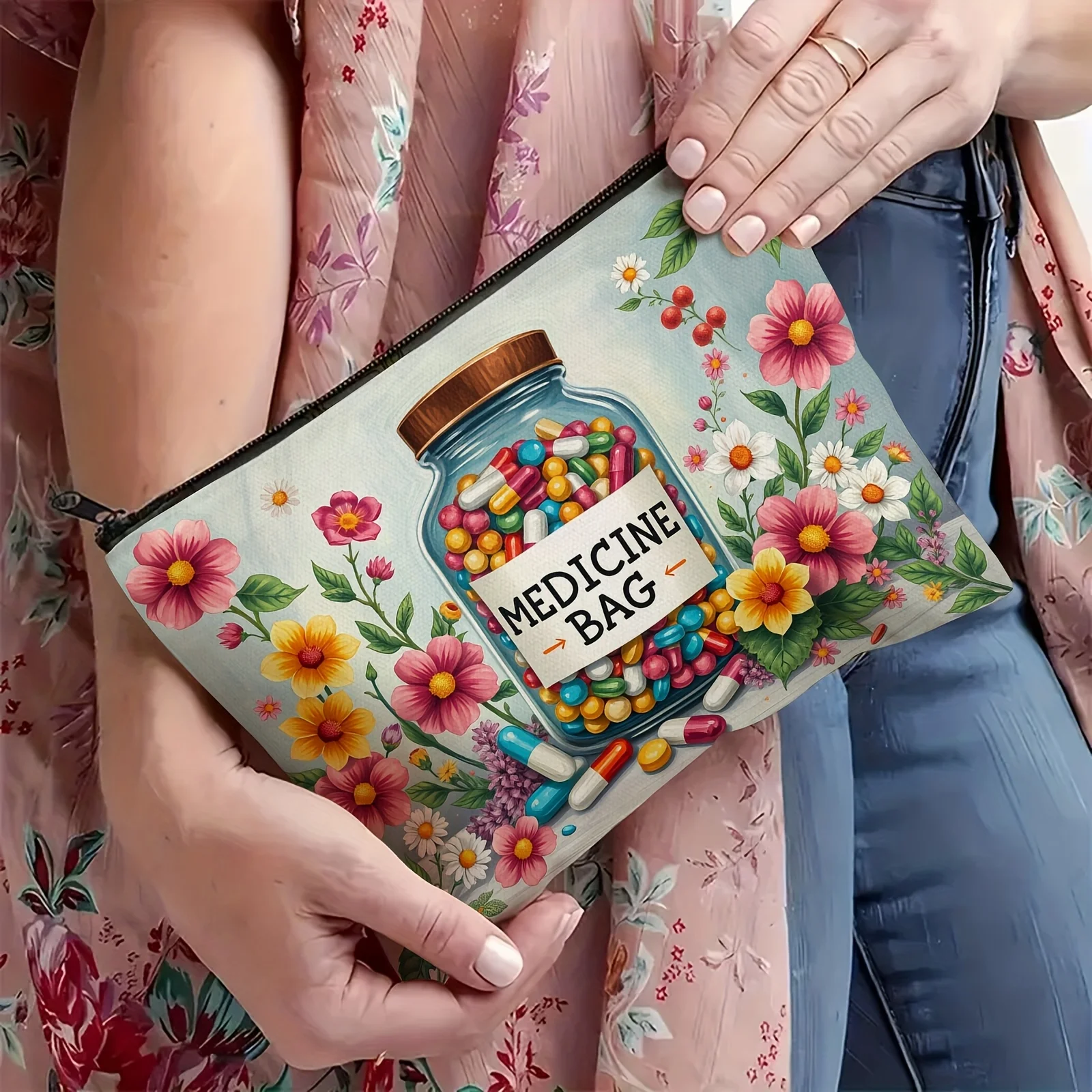 Stylish Floral Medicine Bag - Vibrant Cartoon Capsule Design, Multi-Functional Cosmetic & Travel Storage Pouch with Zipper