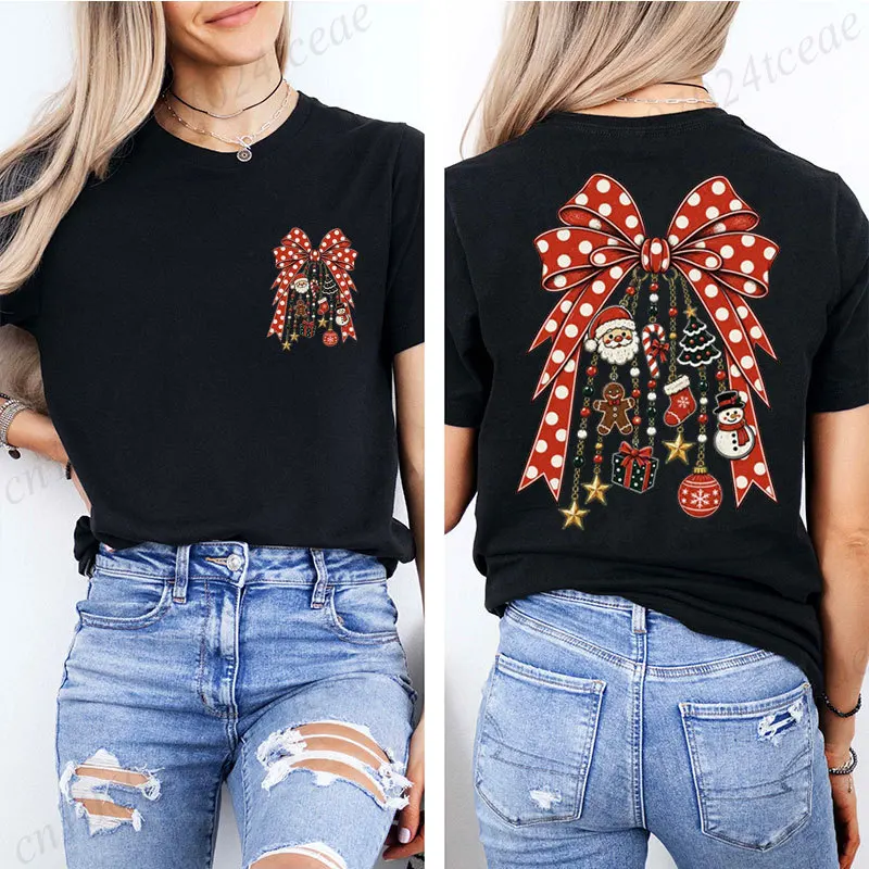 Weihnachts-T-Shirt mit Front- und Rückendruck, Polka-Dot-Schleife, Weihnachtsanhänger, Grafik-T-Shirt, Weihnachtsmann, Schneemann, Lebkuchenmann, Weihnachtsfeiertags-T-Shirts – Detail 2