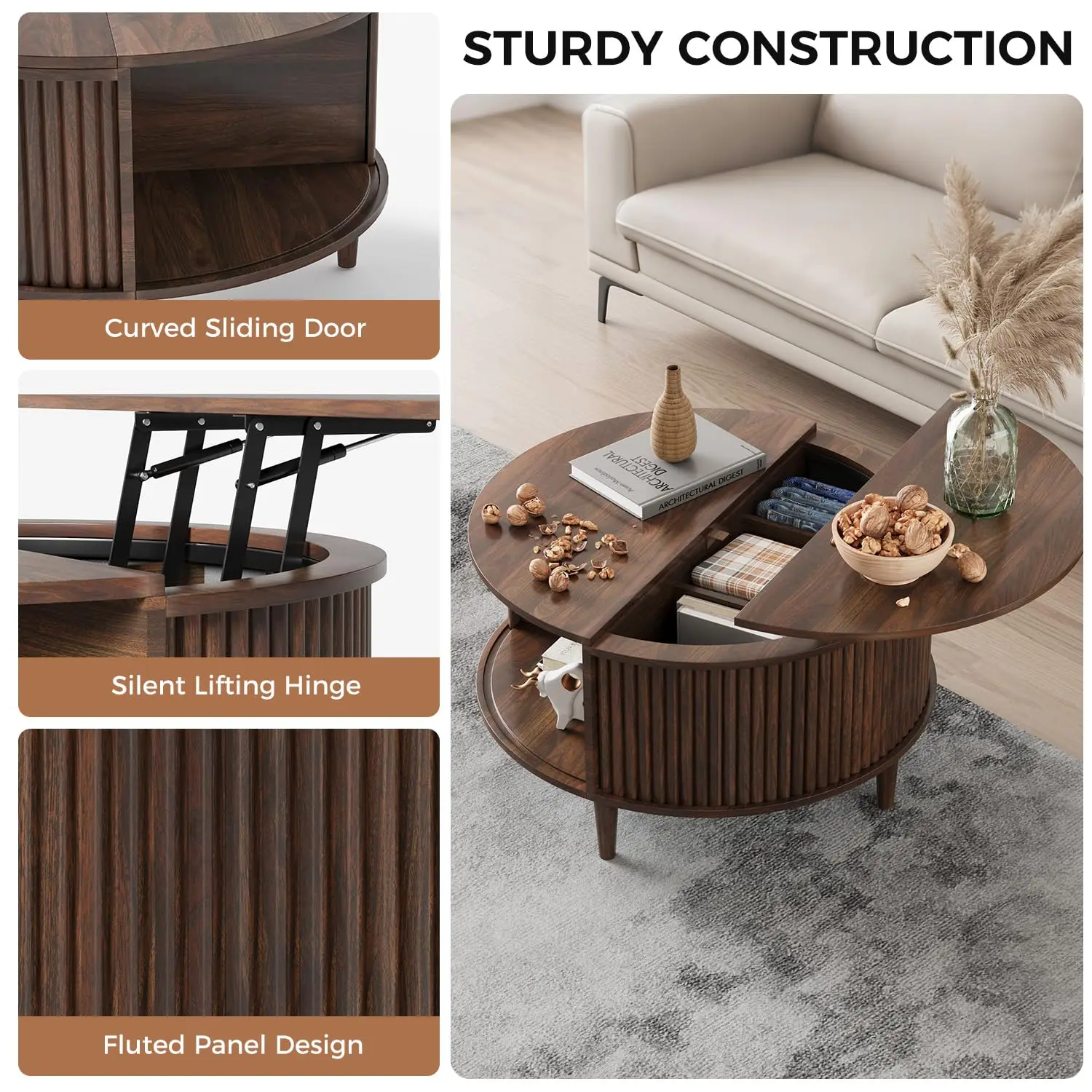 Round Coffee Table with Storage, Fluted Lift Top Table , 31.5