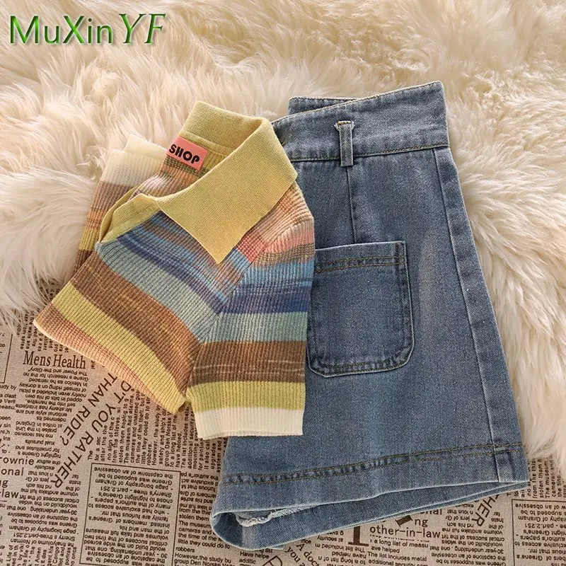 2023 Summer New Matching Set Women Korean Elegant Short Sleeve Top High Waist Denim Shorts Two Piece Female Chic Clothing Suit