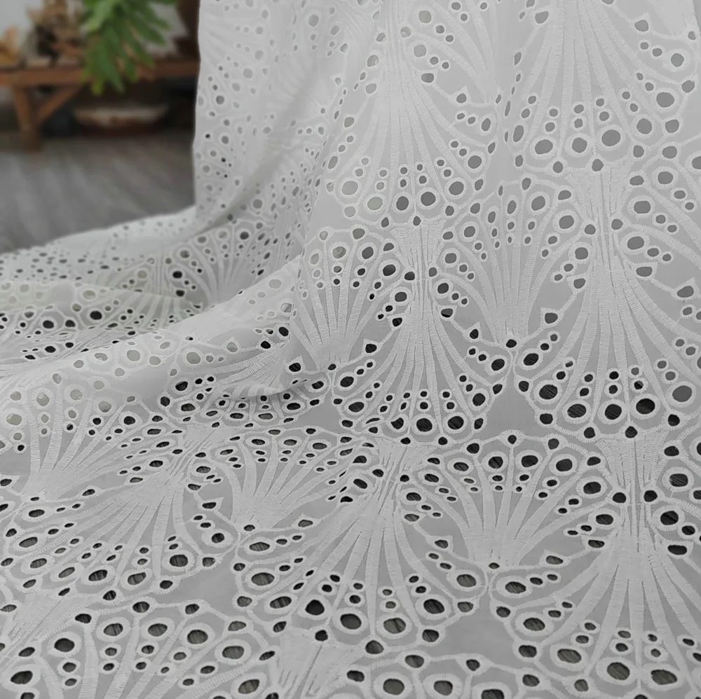 2YDS White pure cotton embroidery lace fabric eyelect hole embroideried clothing for woman dress apparel with fan or shell shape