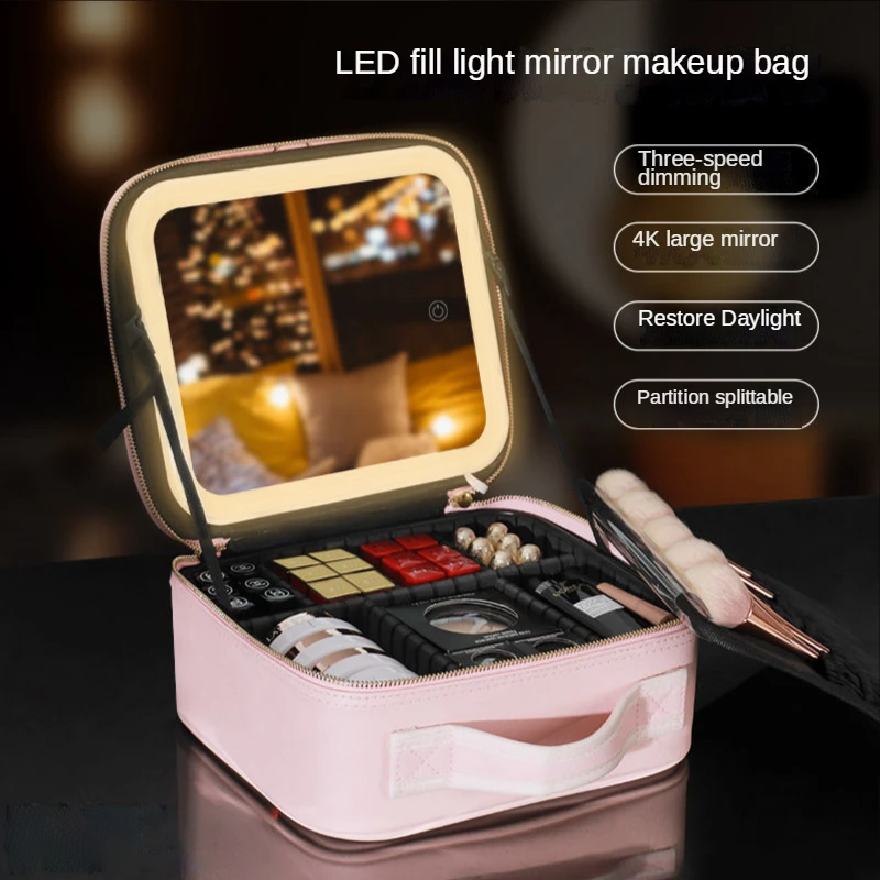 High-value new super-hot net red large-capacity cosmetic bag with mirror LED cosmetic case storage bag