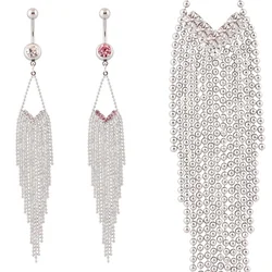 Body Jewelry Women Belly Button Ring Tassel Chain Fashion Lady Piercing Jewelry Navel Ring 14G 316L Surgical Steel Clear Pink