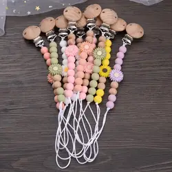 Silicone Beaded Soother Chain For Teether Nursing Toys Baby Pacifier Accessory Baby Wooden Dummy Holder Clip Handmade Flowers