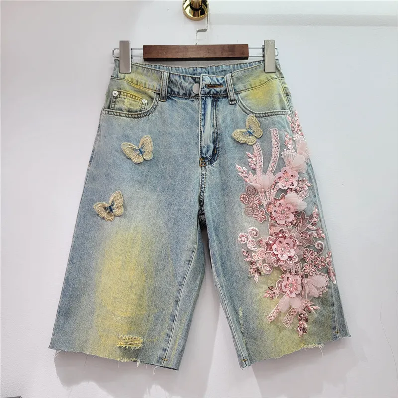 Summer Women Flowers Embroidery Sequined Denim Shorts High Waist Contrast Color Butterfly Short Jeans Pants Slim Short Trousers