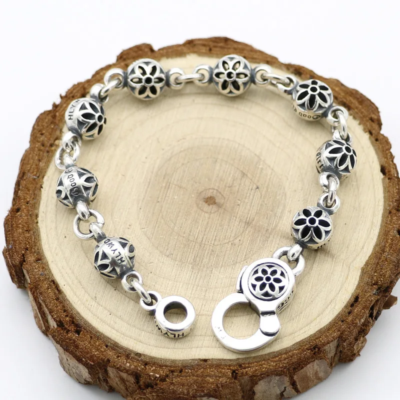 Punk Personalized Korean Version Vintage Thai Silver Ball Hollow Sakura Hand Chain Male 925 Sterling Silver Bracelet Trendy Silv
