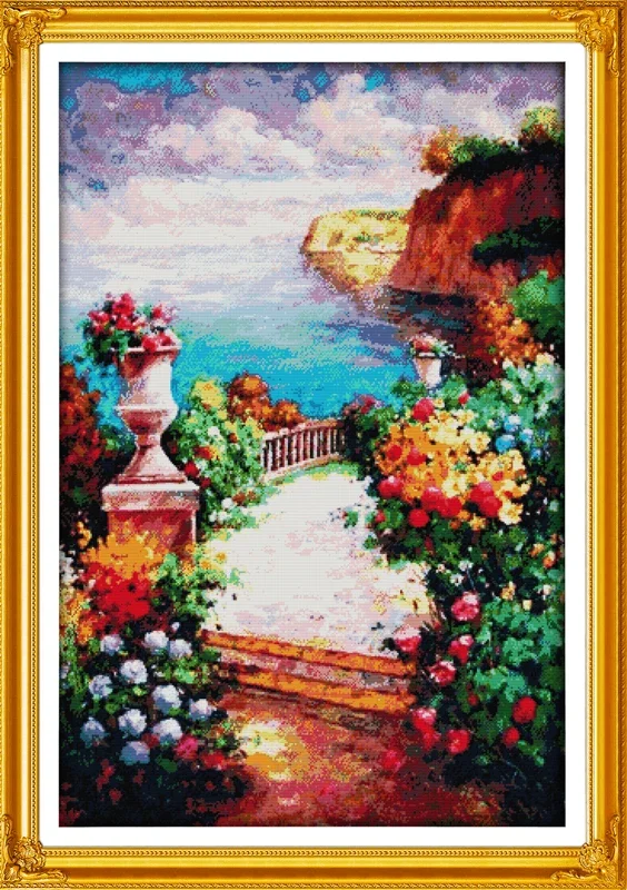 

Joy Sunday New Printed Cross Stitch Kit Easy Pattern Aida Stamped Fabric Embroidery Set-The Beach Path Among The Flowers
