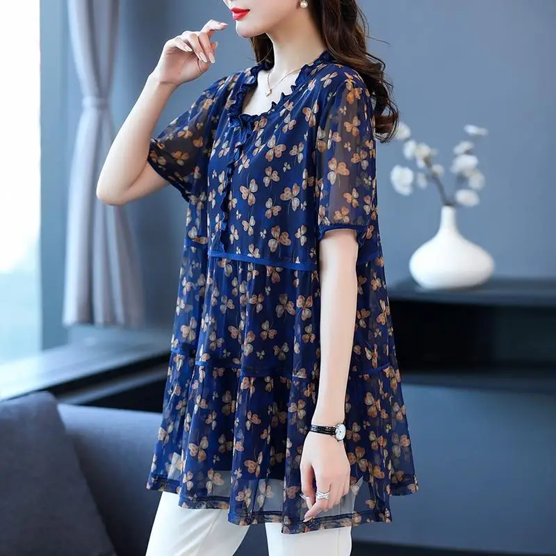 Women\'s Clothing Fashion Printed Midi Blouse Casual Round Neck 2023 Summer Short Sleeve Vintage Edible Tree Fungus Spliced Shirt