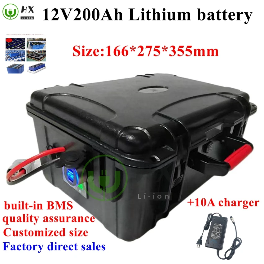 HX-Lithium 12V 200AH 100A BMS Battery Pack lithium 200Ah for Boat trolling Motor outboard RV Cigarette lighter USB + 10A charger