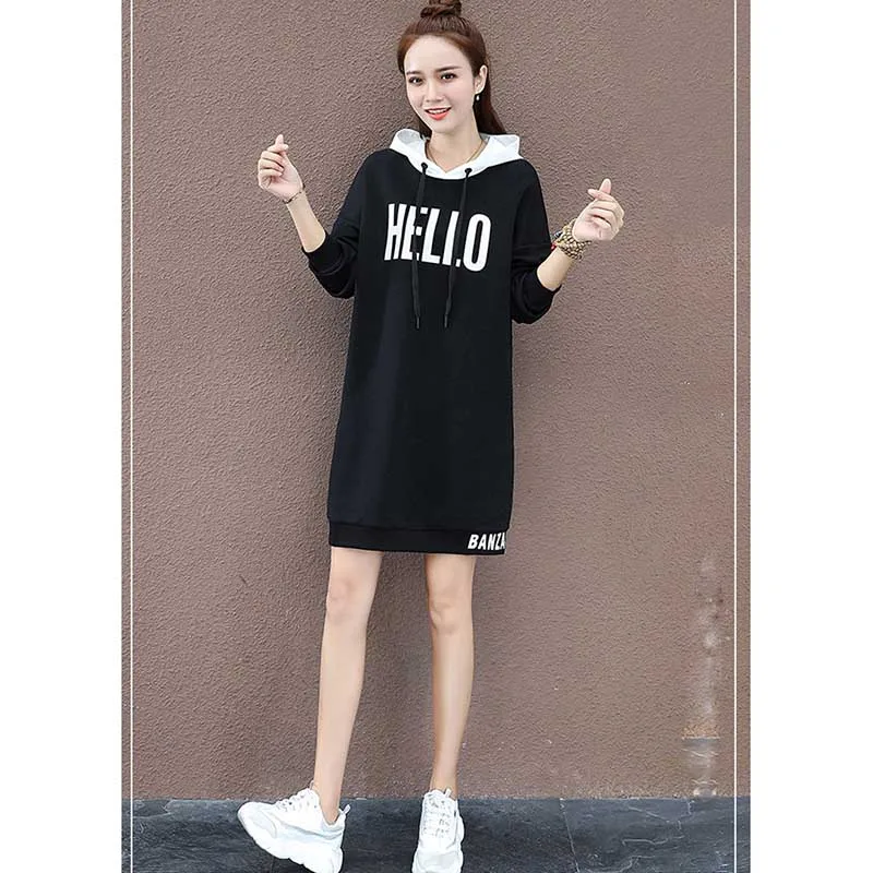 Fashion Printed Letter Spliced All-match Lace Up Hooded Mini Dress Female Clothing 2024 Spring New Loose Korean Casual Dresses