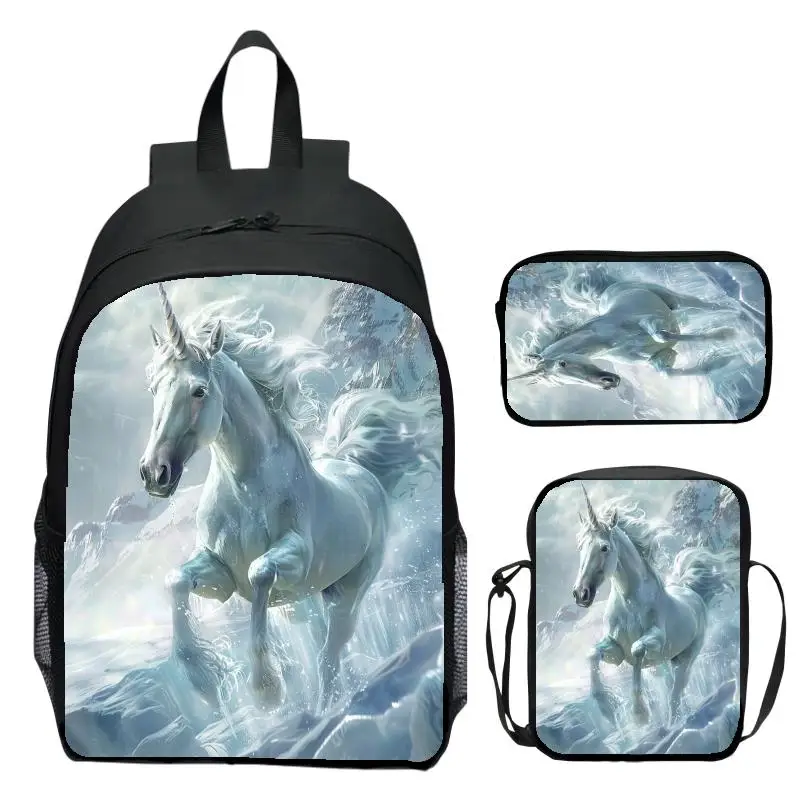 3pcs/set Digital printed animal unicorn horse fashion student backpack, girls's school bag for boy's shoulder bag