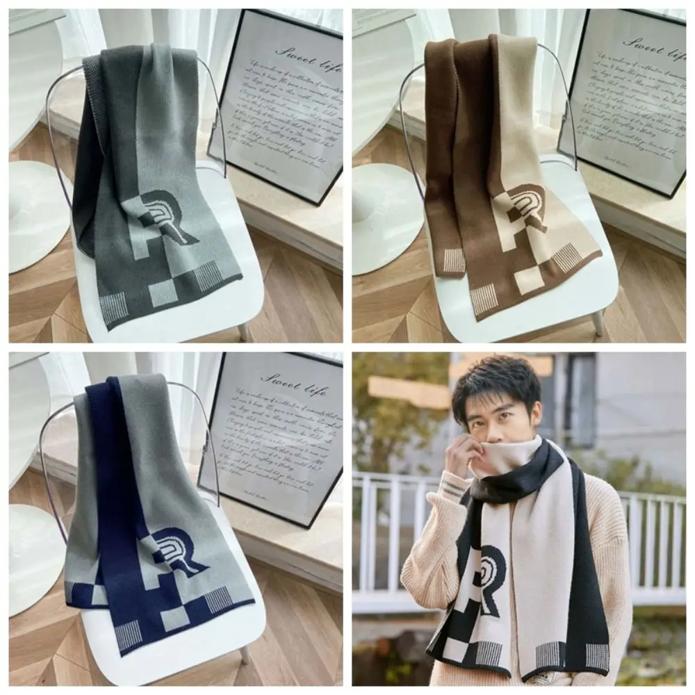 Duży akrylowy szal z blokami kolorów, ciepły, miękki, dziergany w kształcie litery R, szalik-stola w stylu brytyjskim, gruby szal męski na wiosnę.