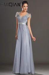 Long Party Dress Adorable A Line Cap Sleeves Evening Dress Silver Gray Lace Chiffon Women's Formal Gowns