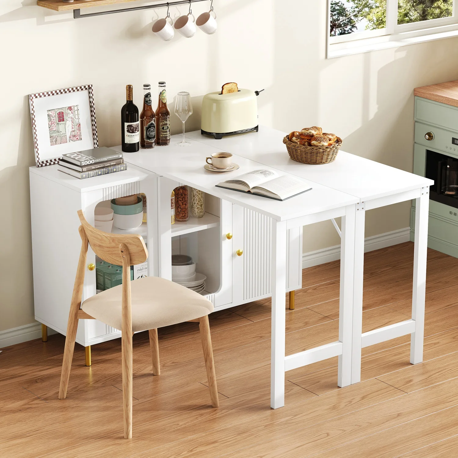 Weißes Buffet-Sideboard mit klappbarer und ausziehbarer Tischplatte, drehbarer Oberfläche und Glasschiebetüren für Esszimmer und Küche