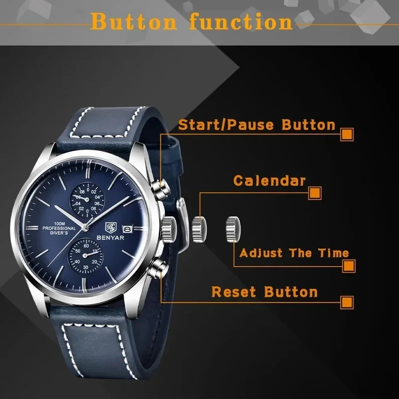 BENYAR BY-5187 Men's Military Sport Quartz Chronograph Wristwatch Luxury 100M Water Resistant with Calendar Genuine Leather Stra