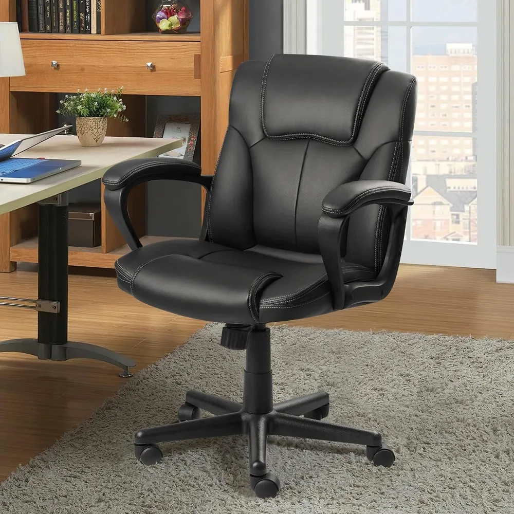 Silla giratoria de oficina, asiento ergonómico con espalda media, soporte de cintura, cuero PU, negro