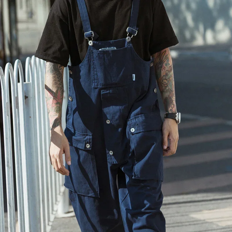 Safari Style! Multi-Pocket Overalls Men Streetwear Work Cargo Pants Jumpsuit Men\'s Dungarees Baggy Bib Trousers