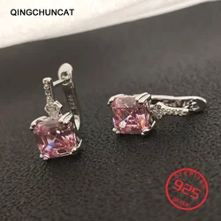 Stamp 925 Sterling Silver Square Crystal Gemstone Hoop Earrings For Women Trendy Jewelry Girl Gift New