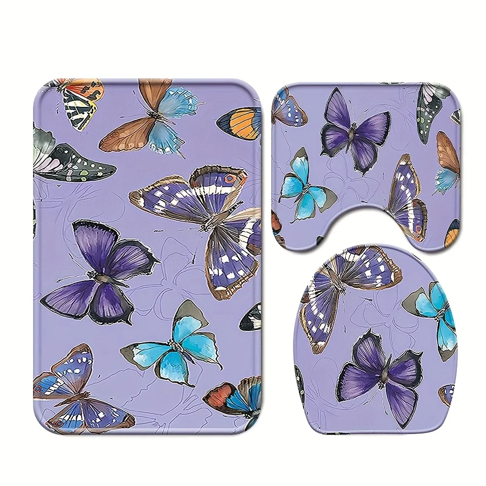 

Purple Butterfly Print 3 Piece Bath Mat Set Anti Slip Soft Absorbent Toilet Seat Cover Modern Home Decor Bathroom Accessories