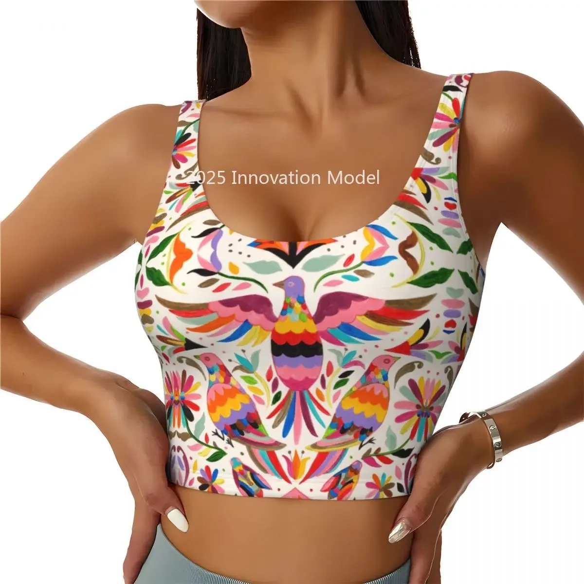 

Custom Fashion Mexican Otomi Birds Texture High Impact Sports Bras Women Folk Floral Art Seamless Workout Running Crop Tank Tops