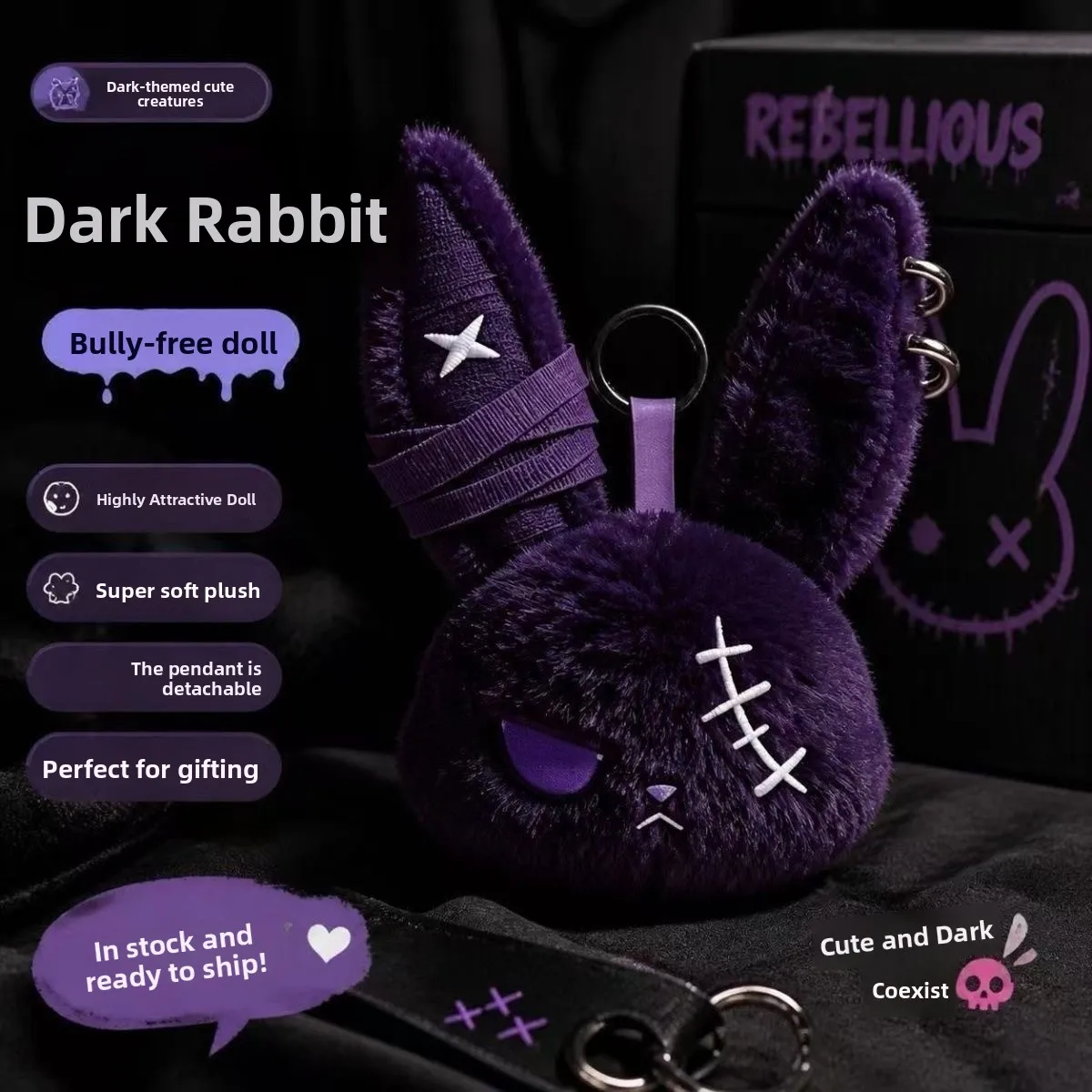Halloween Rabbit Keychain Gothic Emo Plush Doll Bag Charm Punk Stuffed Animal Pendant Soft Accessory Gift For Women Trendy Style