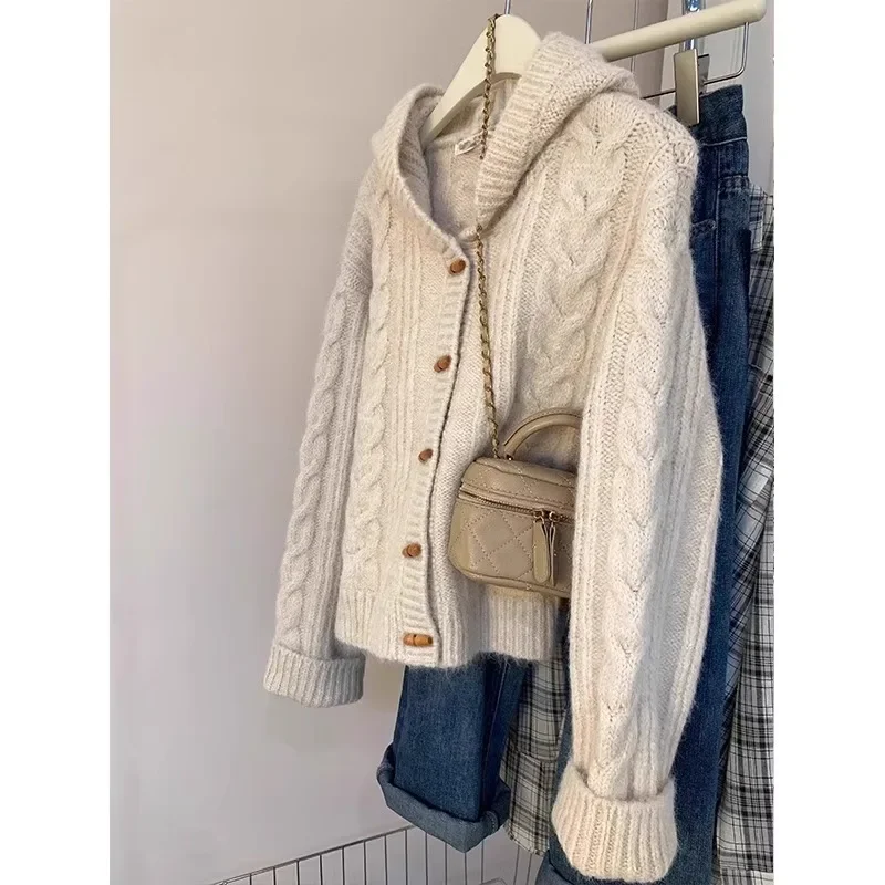 

Spring Autumn Twist Knitwear Outerwear Resin Coloration Commute Style Soft Cozy Women's Knitted Cardigan Sweater with Hat