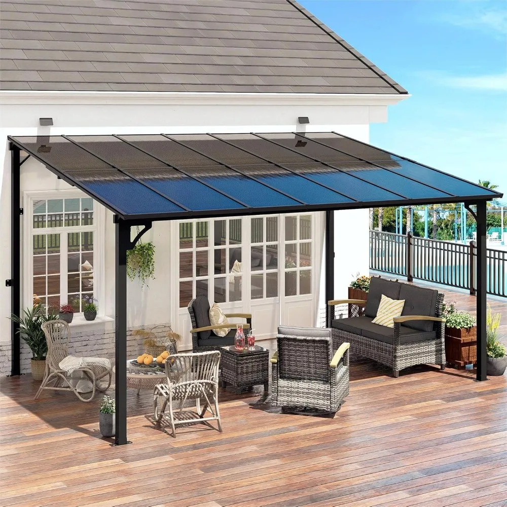 

10' x 14' Pergola with Sloped Roof, Lean to Metal Awning for Outdoor Patio, Deck, Black