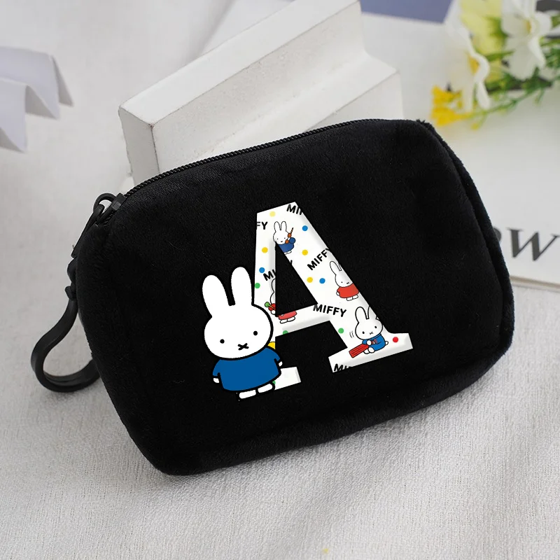 Nouvelles bourses à monnaie Miffy, sac de rangement à lettres A-Z, mini sac à monnaie anime pour garçons et filles, sac carré noir à fermeture éclair Kawaii, cadeau pour enfants
