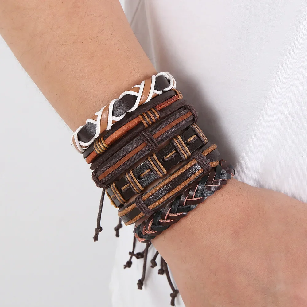 6PCS Men’s Vintage Multi-Layer Leather Bracelet Set | Handmade Braided Wrap Trendy Masculine Jewelry Accessories