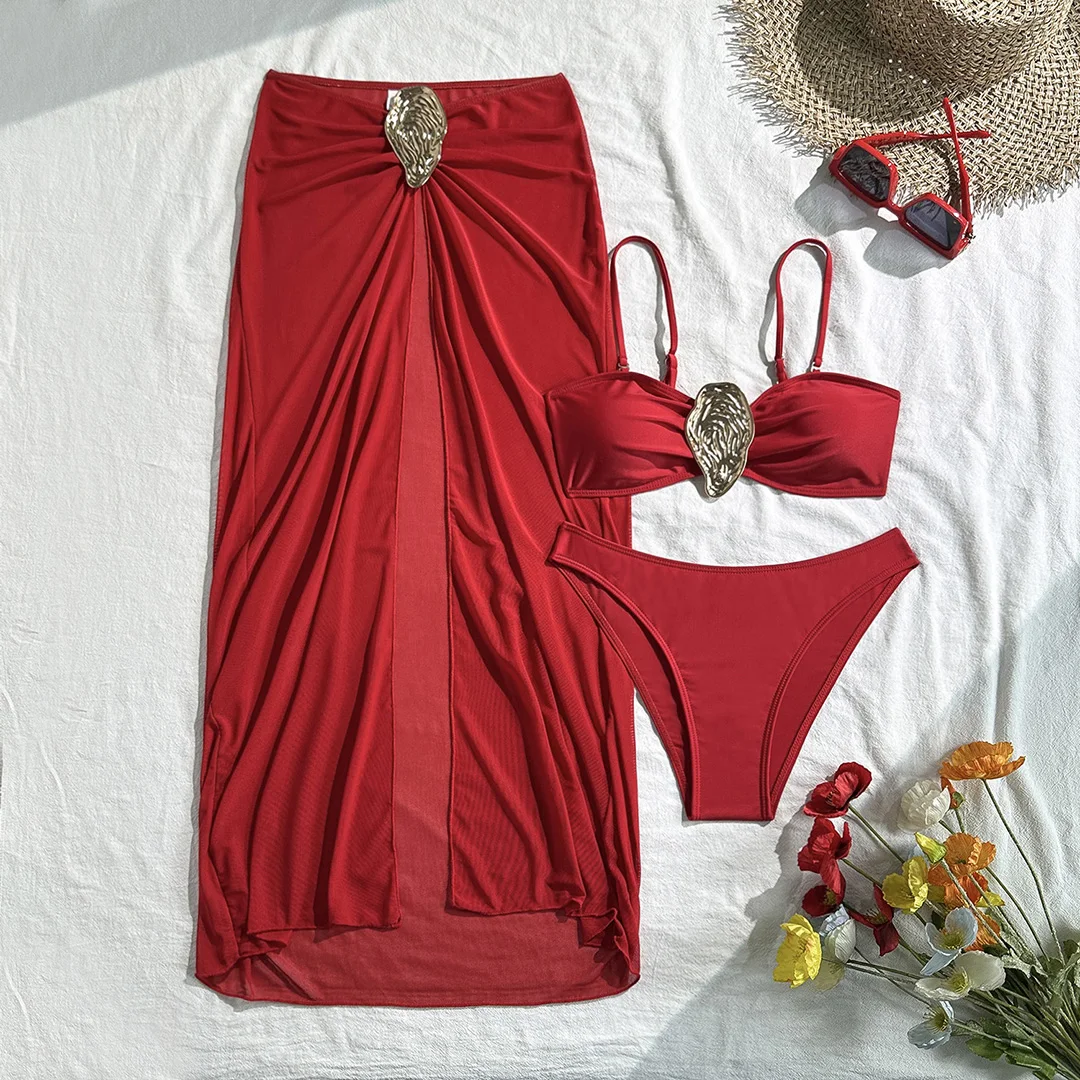 Neu mit Rock, Metallring, brasilianischer Bikini, Damen-Badeanzug, Damen-Bademode, dreiteiliges Bikini-Set, Badeanzug, Badebekleidung, Schwimmbekleidung V6990 – Detail 10