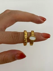 GHIDBK Simple Trendy 18K Gold Plated Oval White Mother of Pearl Rings for Women Stainless Steel Waterproof Wedding Party Jewelry