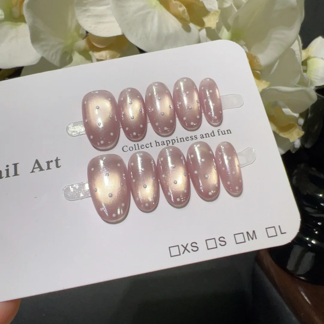 

10pcsHandmade Short Oval Press on Nails Light Purple Glass Bead Cat Eye White Polka Dot Design Fake Nails Wearable Nails Art Tip