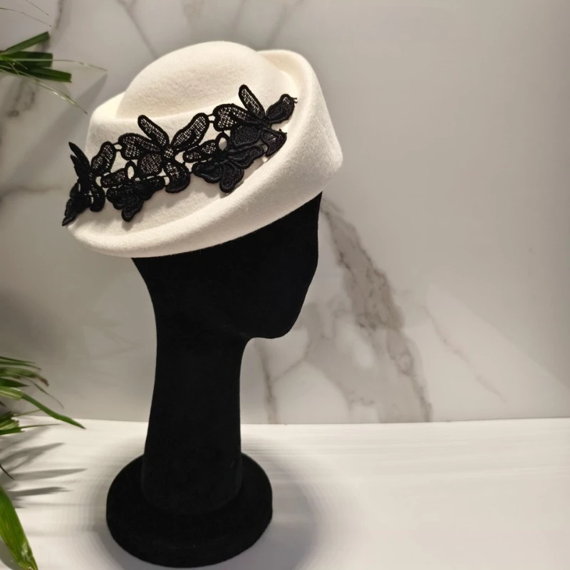 French Short Brimmed Ruffled Lace Flower Wool Beret Hat Stylish Elegant Evening Party Small Hat Retro Flight Attendant Hat
