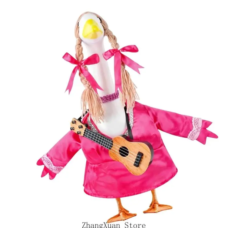 Dreiteiliges Musiker-Kostümset für bestehende Gartenvogelstatue mit Kleid, hellgoldenem Haarteil und Minigitarre 3XUF – Detail 3