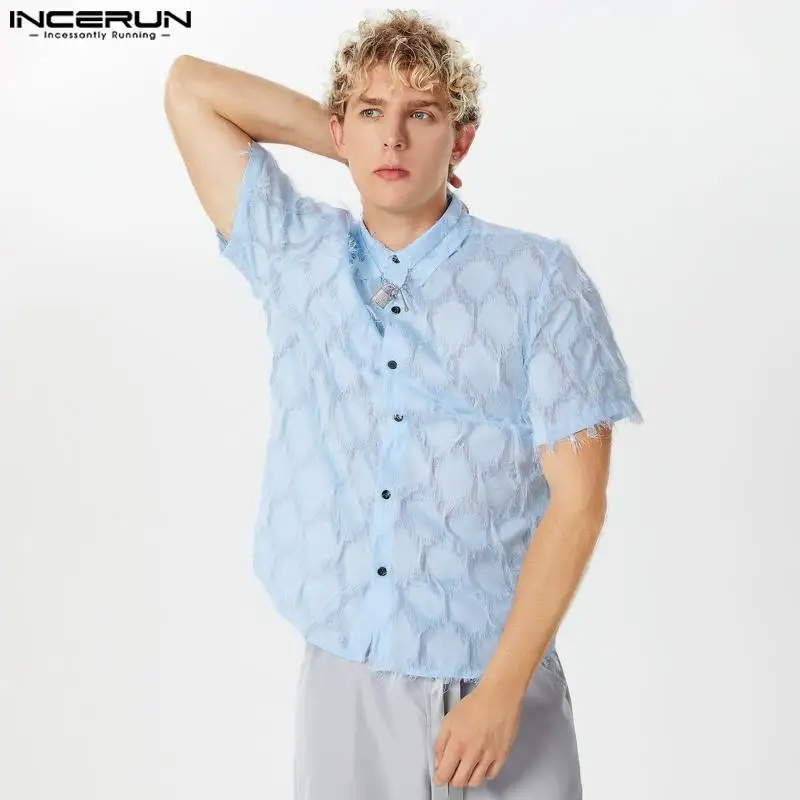 

Рубашка INCERUN мужская с отложным воротником, прозрачная уличная одежда с кисточками и короткими рукавами, модная Свободная Повседневная блуза, лето 2024