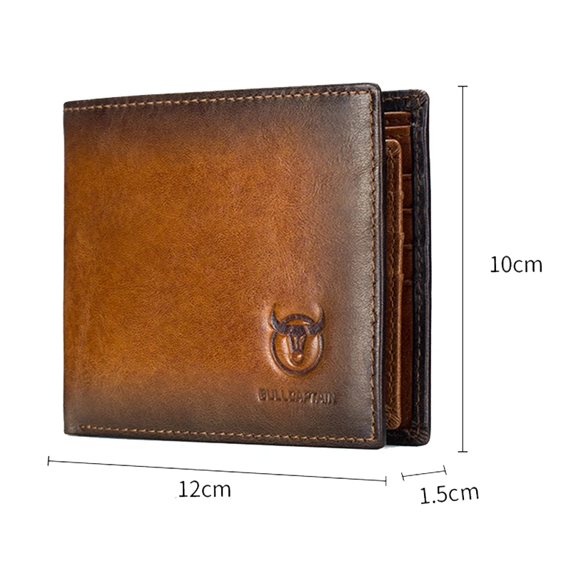 BULLCAPTAIN RFID Men's Leather Anti-Theft Brush Wallet Double Ultra-Thin Short Wallet Multi-Card Position ID Bag (Brown)