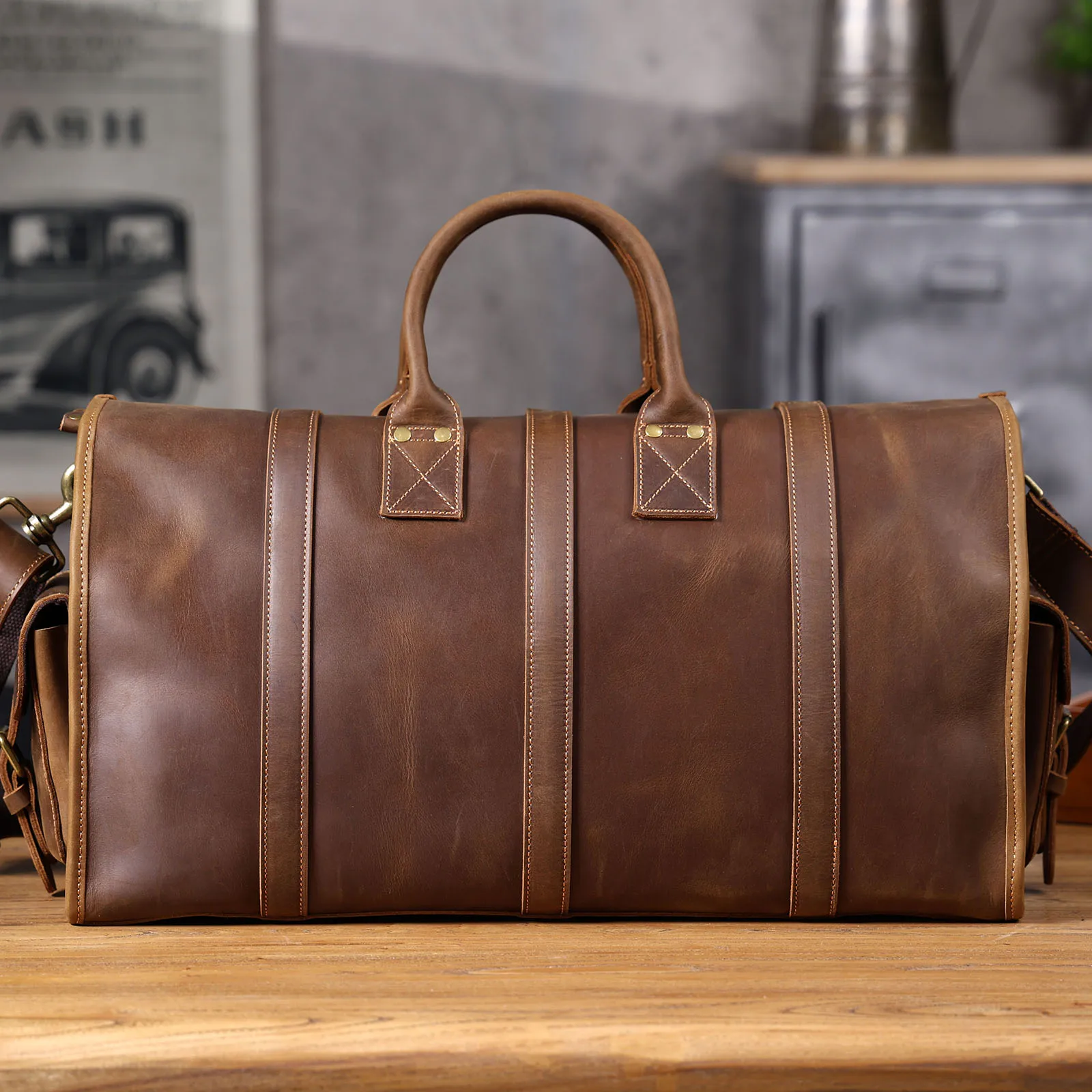 Vintage Echtleder-Reisetasche für Herren, Große Kapazität, Leder-Sporttasche, Klassischer Stil, Wochenendtasche, Übernachtungstasche – Detail 21