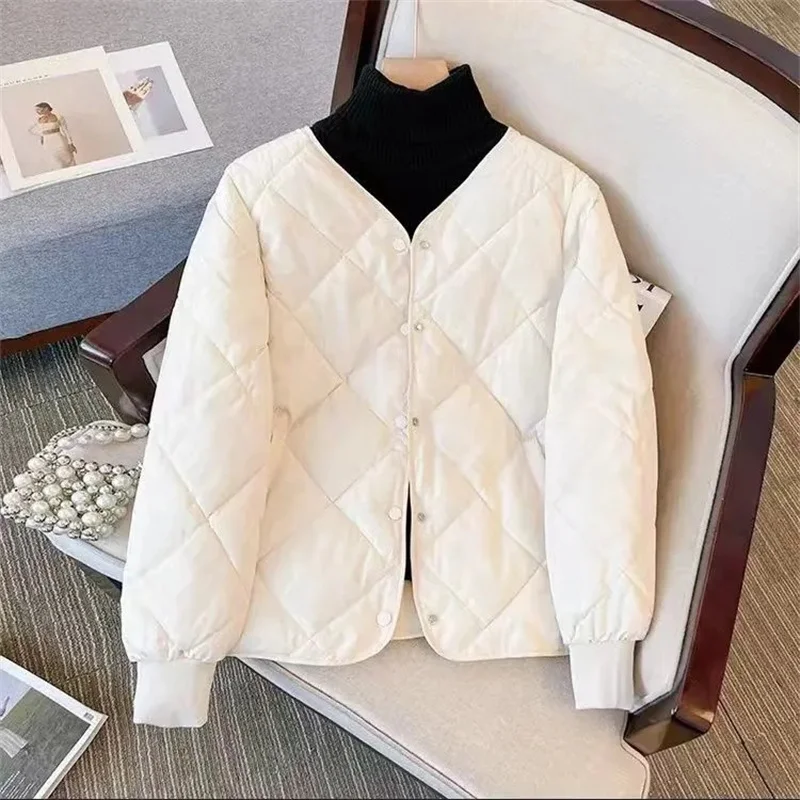 Autumn Ladies No Collar Down Cotton Jacket Winter Femme Long Sleeved Parkas Outwear American Women Light Thin Cotton Padded Coat