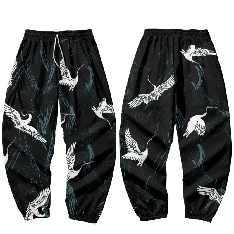 Sky02 Men's Loose Harem Pants Sun Moon Simple Pattern Large Size Crane Cropped Pants Black Printed Casual Pants88Li #