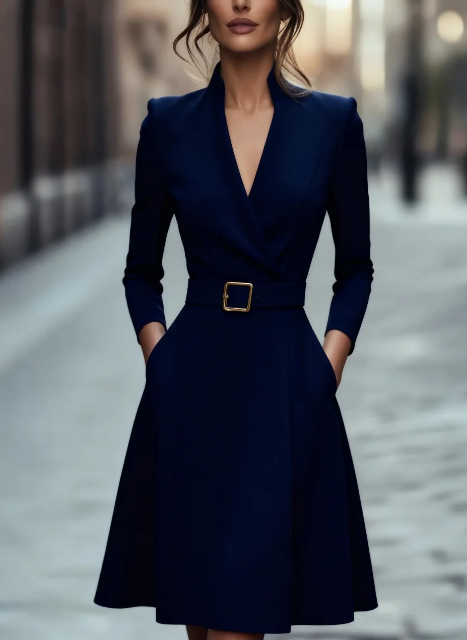 Damen Herbst Winter V-Ausschnitt Langarm A-Linie Rock Schlankheits Taille Gürtel Mittellang Pendlermode – Detail 10